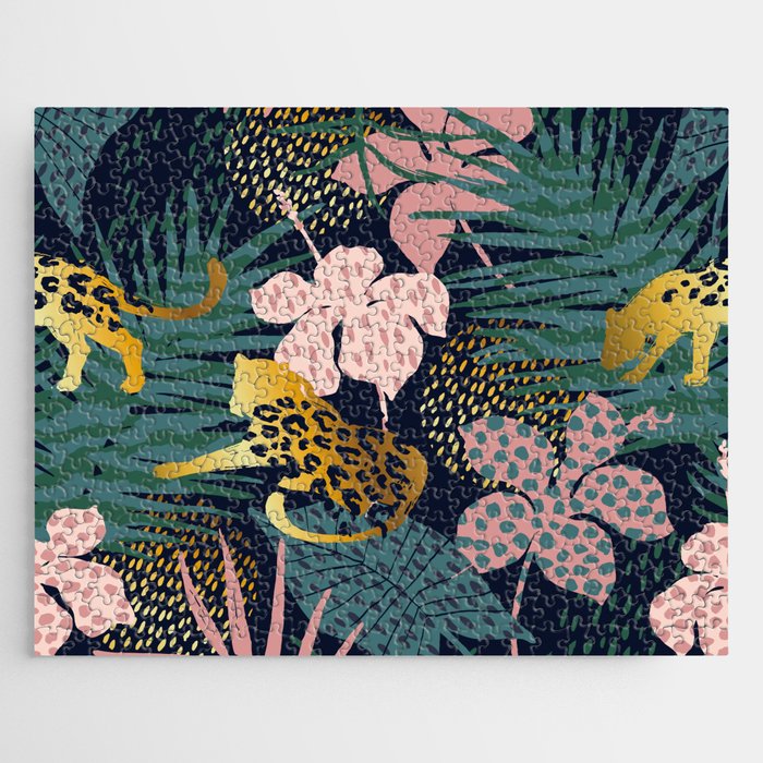 Exotic Golden Jungle Leopard & Pink Palm Leaf Geometric Pattern Jigsaw Puzzle Gallery Image 1