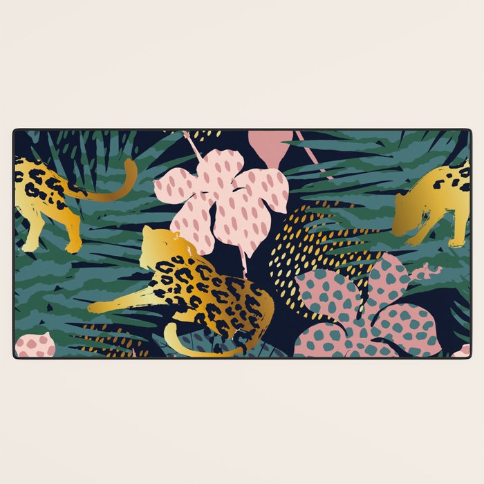Exotic Golden Jungle Leopard & Pink Palm Leaf Geometric Pattern Desk Mat Gallery Image 3