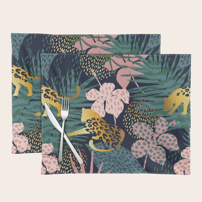 Exotic Golden Jungle Leopard & Pink Palm Leaf Geometric Pattern Placemat Gallery Image 1