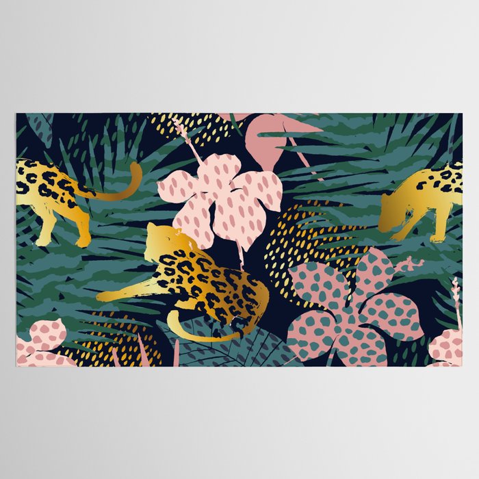 Exotic Golden Jungle Leopard & Pink Palm Leaf Geometric Pattern Tablecloth Gallery Image 2