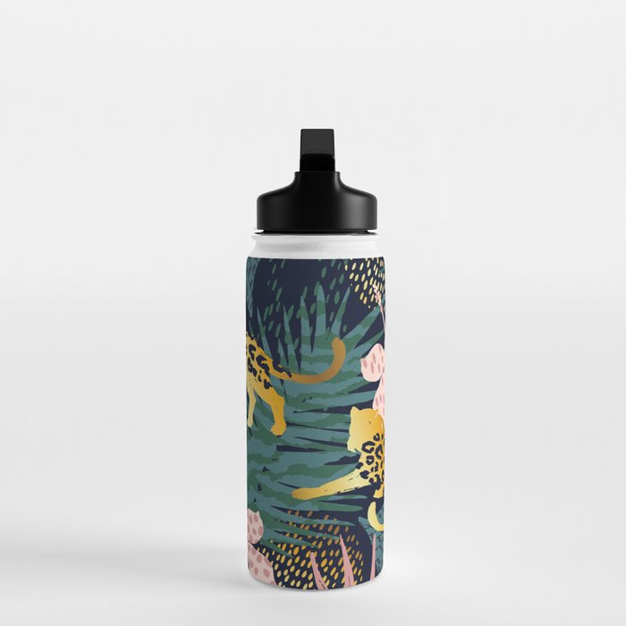 Exotic Golden Jungle Leopard & Pink Palm Leaf Geometric Pattern Water Bottle Gallery Image 3