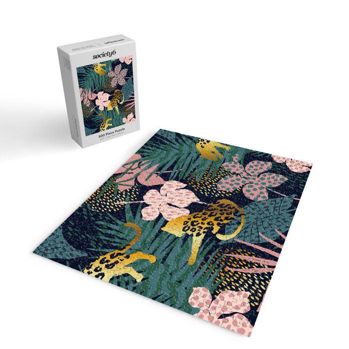 Exotic Golden Jungle Leopard & Pink Palm Leaf Geometric Pattern Jigsaw Puzzle Gallery Image 2