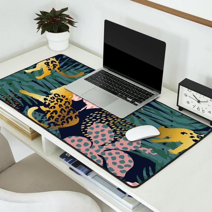 Exotic Golden Jungle Leopard & Pink Palm Leaf Geometric Pattern Desk Mat Gallery Image 2