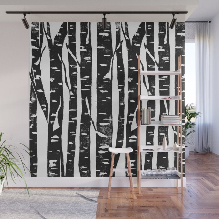 Woodcut Birches Black Wall Mural Gallery Image 1