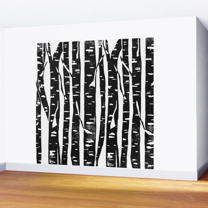 Woodcut Birches Black Wall Mural Gallery Image 2