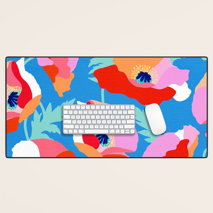 Happy Poppies 1. Red and pink on Azure BLUE Desk Mat Gallery Image 1