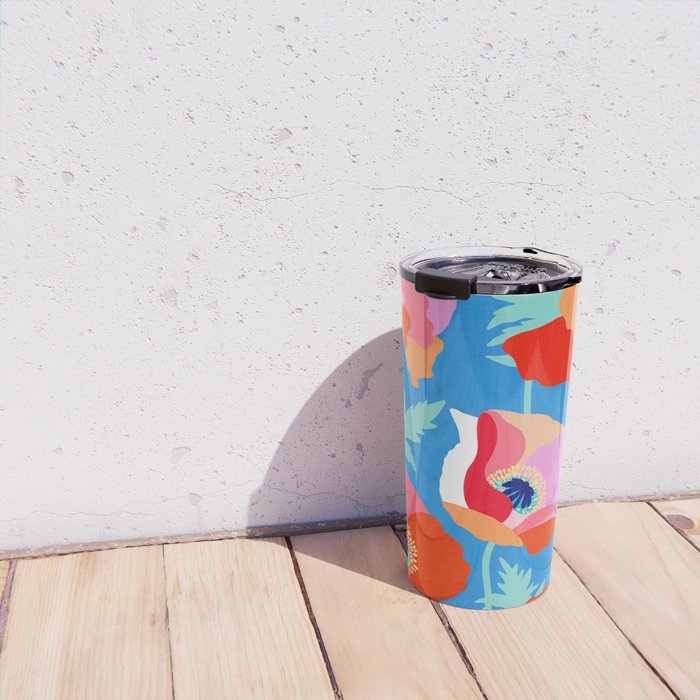 Happy Poppies 1. Red and pink on Azure BLUE Travel Mug Gallery Image 4
