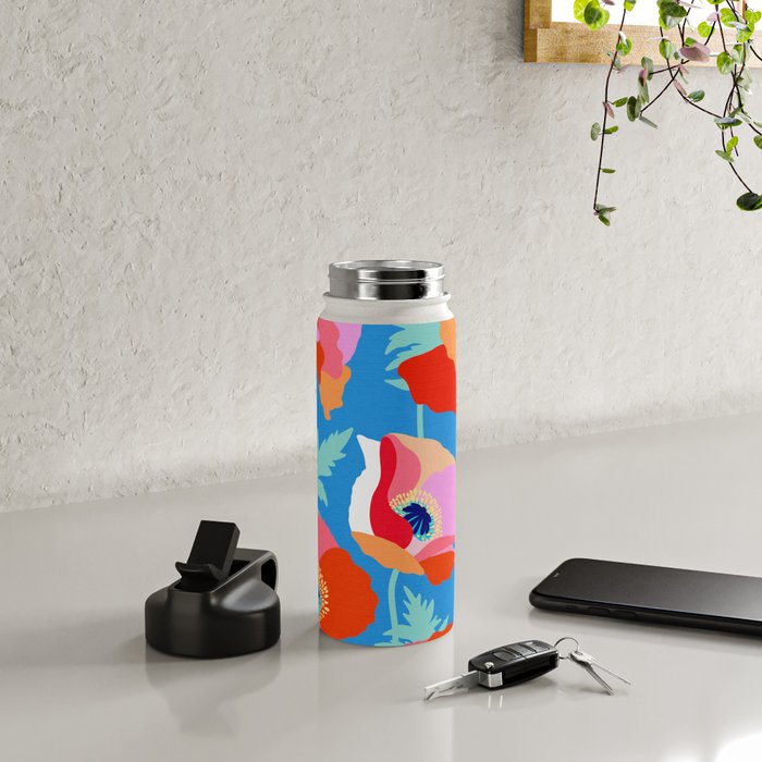 Happy Poppies 1. Red and pink on Azure BLUE Water Bottle Gallery Image 4