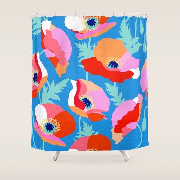 Happy Poppies 1. Red and pink on Azure BLUE Shower Curtain Gallery Image 1