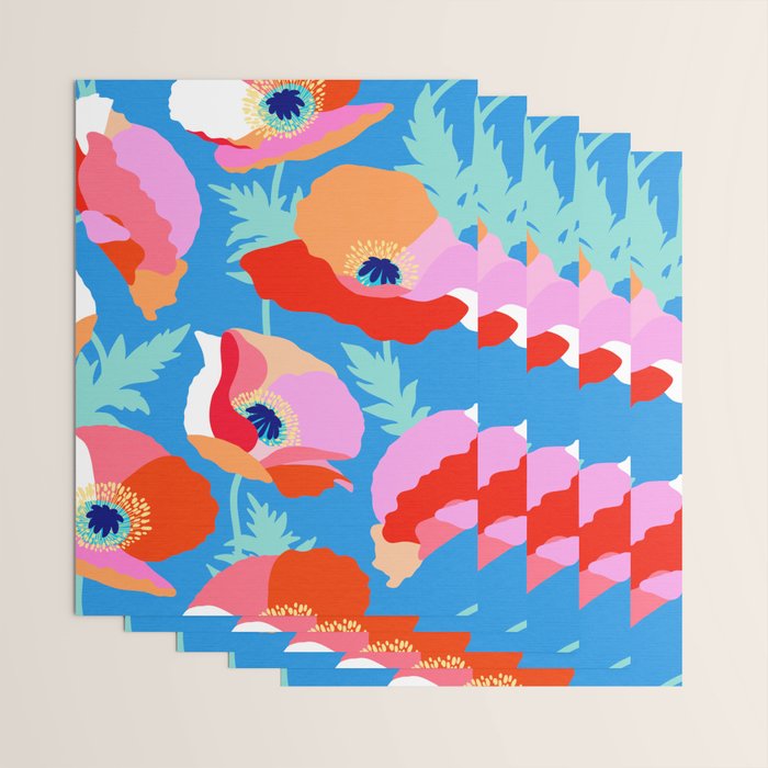Happy Poppies 1. Red and pink on Azure BLUE Wrapping Paper Gallery Image 3