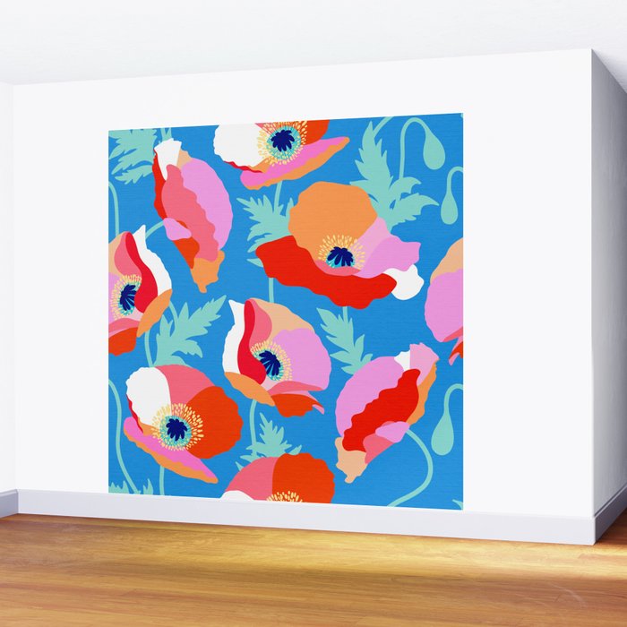 Happy Poppies 1. Red and pink on Azure BLUE Wall Mural Gallery Image 2