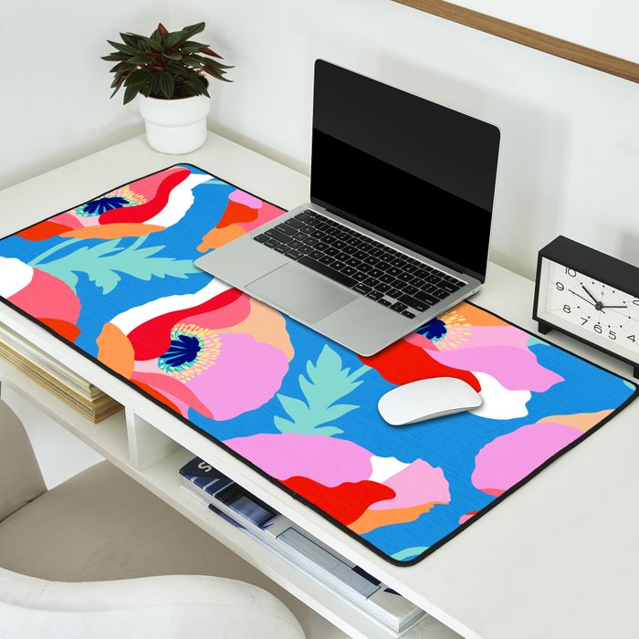 Happy Poppies 1. Red and pink on Azure BLUE Desk Mat Gallery Image 2
