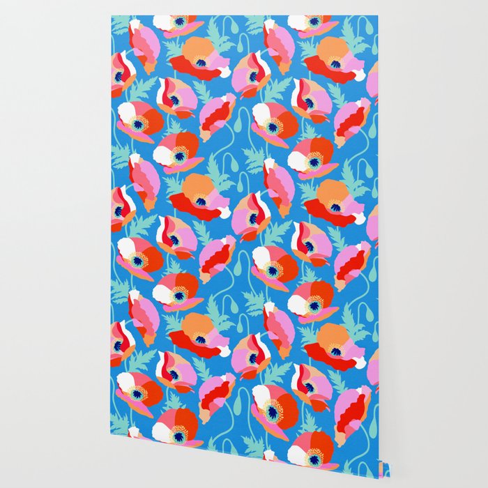 Happy Poppies 1. Red and pink on Azure BLUE Wallpaper Gallery Image 2