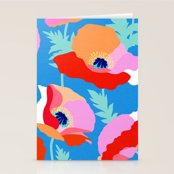 Happy Poppies 1. Red and pink on Azure BLUE Stationery Card Gallery Image 2
