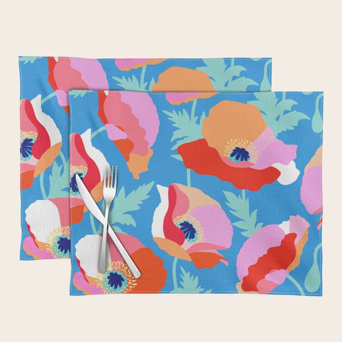 Happy Poppies 1. Red and pink on Azure BLUE Placemat Gallery Image 1