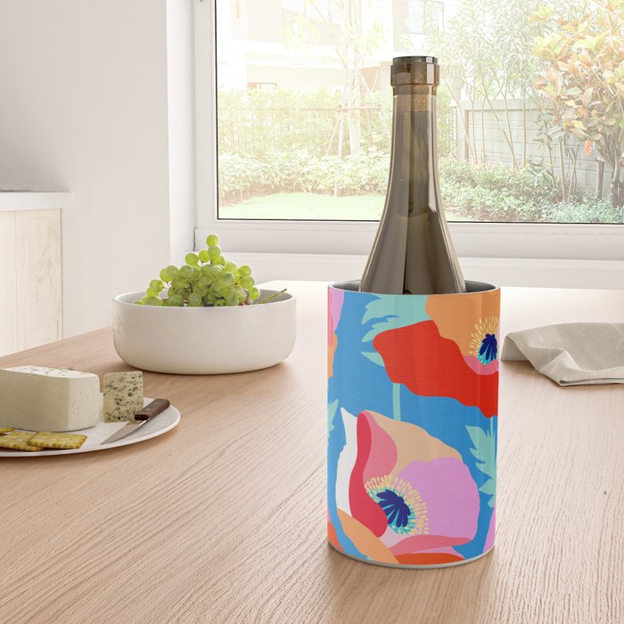 Happy Poppies 1. Red and pink on Azure BLUE Wine Chiller Gallery Image 4