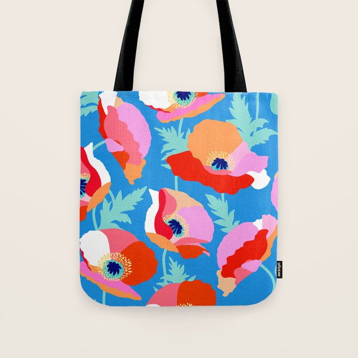 Happy Poppies 1. Red and pink on Azure BLUE Tote Bag Gallery Image 1