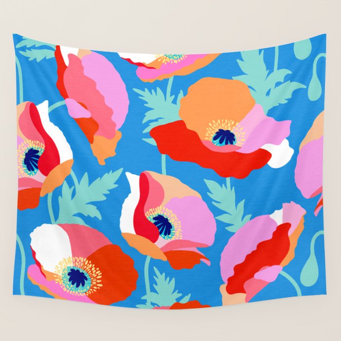 Happy Poppies 1. Red and pink on Azure BLUE Wall Tapestry Gallery Image 1