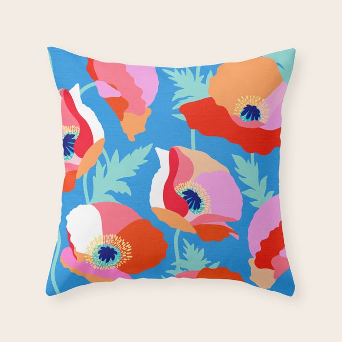 Happy Poppies 1. Red and pink on Azure BLUE Throw Pillow Gallery Image 1