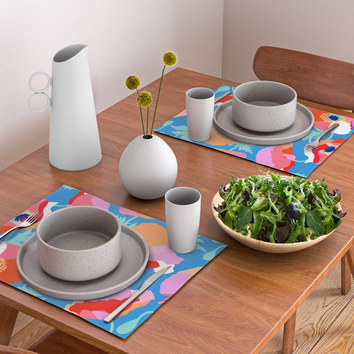 Happy Poppies 1. Red and pink on Azure BLUE Placemat Gallery Image 2