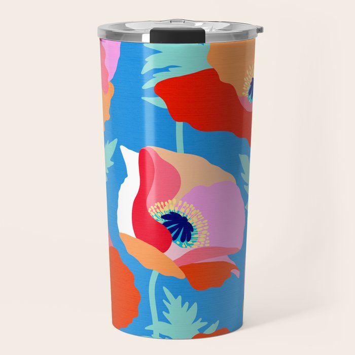 Happy Poppies 1. Red and pink on Azure BLUE Travel Mug Gallery Image 1