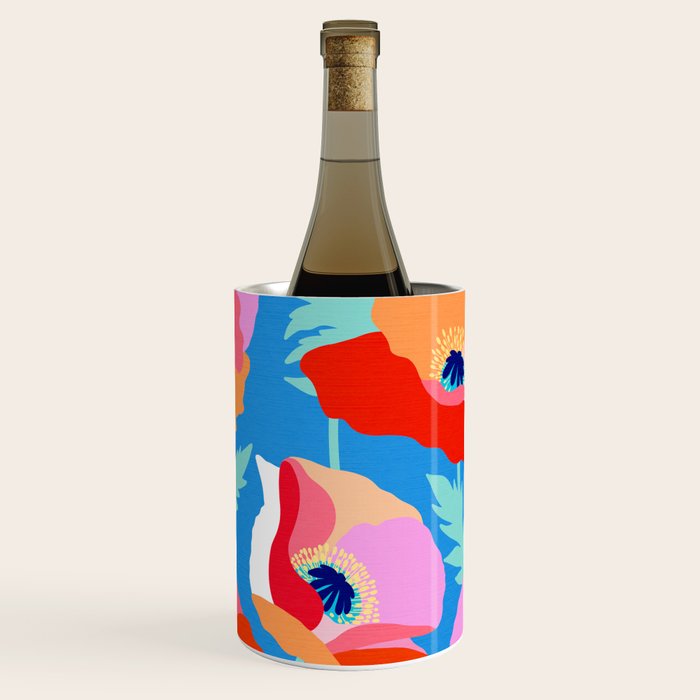 Happy Poppies 1. Red and pink on Azure BLUE Wine Chiller Gallery Image 1