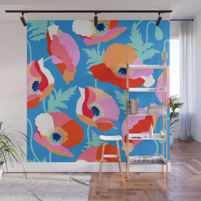 Happy Poppies 1. Red and pink on Azure BLUE Wall Mural Gallery Image 1