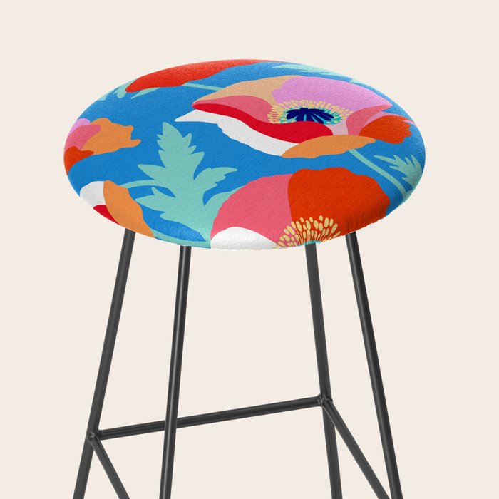 Happy Poppies 1. Red and pink on Azure BLUE Stool Gallery Image 2