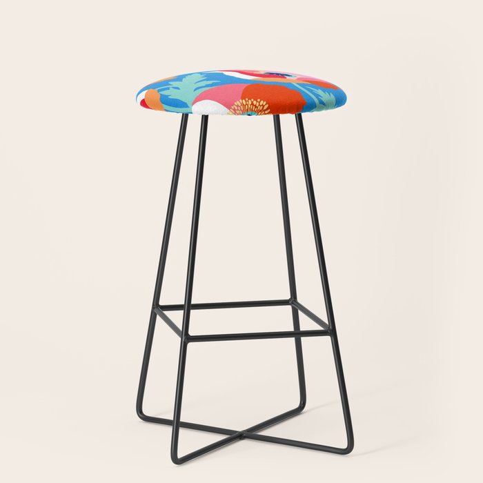 Happy Poppies 1. Red and pink on Azure BLUE Stool Gallery Image 1