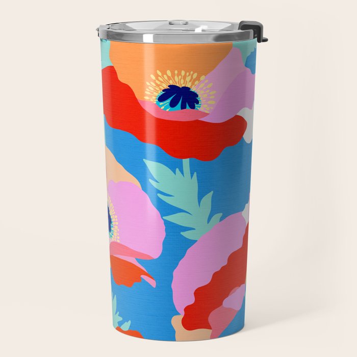 Happy Poppies 1. Red and pink on Azure BLUE Travel Mug Gallery Image 2