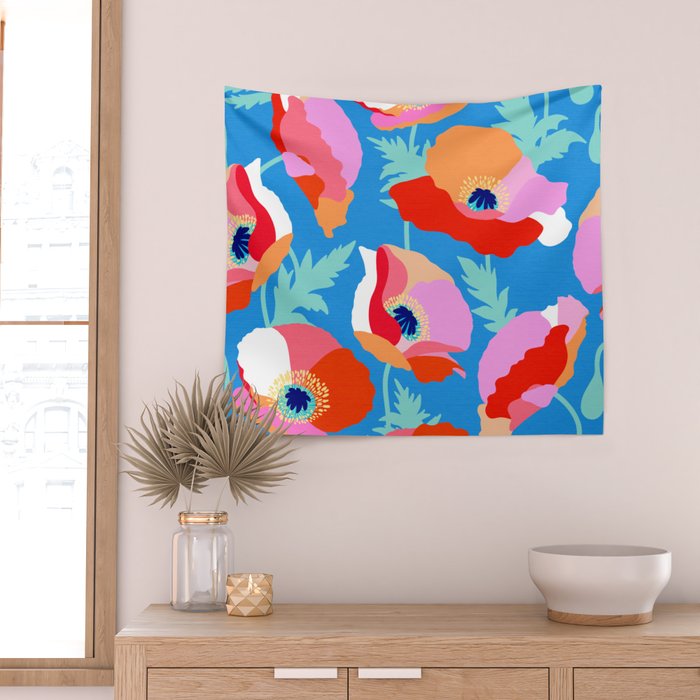 Happy Poppies 1. Red and pink on Azure BLUE Wall Tapestry Gallery Image 2