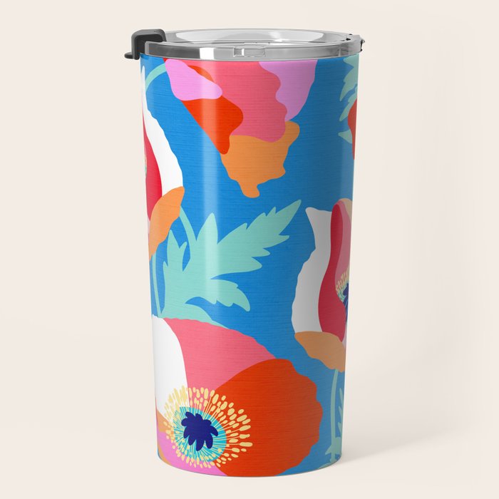 Happy Poppies 1. Red and pink on Azure BLUE Travel Mug Gallery Image 3