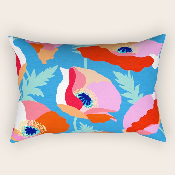 Happy Poppies 1. Red and pink on Azure BLUE Rectangular Pillow Gallery Image 1
