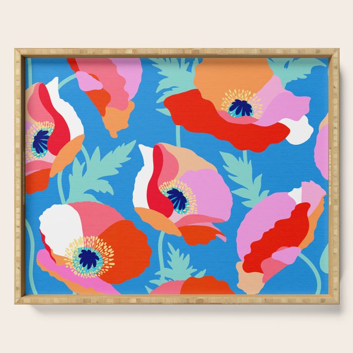 Happy Poppies 1. Red and pink on Azure BLUE Serving Tray Gallery Image 1