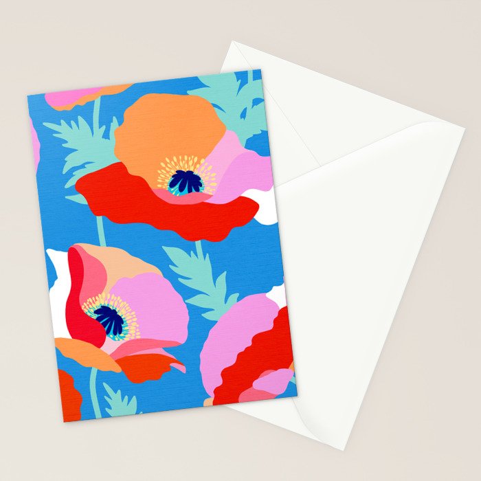 Happy Poppies 1. Red and pink on Azure BLUE Stationery Card Gallery Image 2