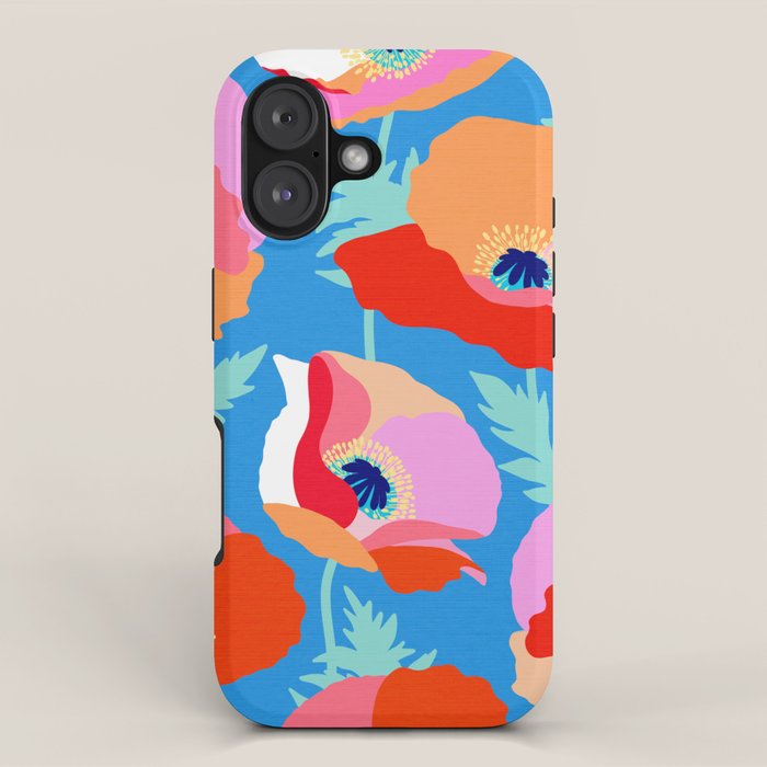 Happy Poppies 1. Red and pink on Azure BLUE iPhone Case Gallery Image 1