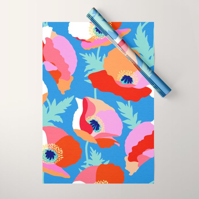 Happy Poppies 1. Red and pink on Azure BLUE Wrapping Paper Gallery Image 1
