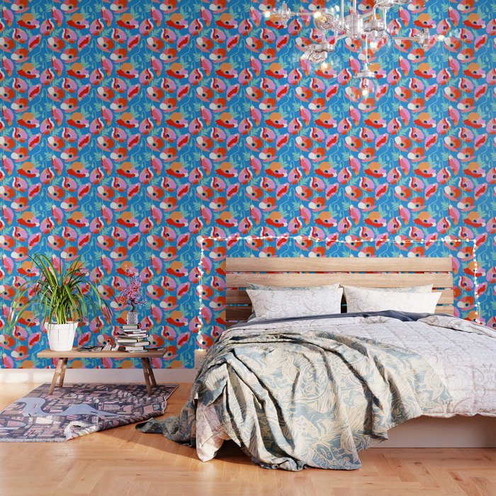 Happy Poppies 1. Red and pink on Azure BLUE Wallpaper Gallery Image 3