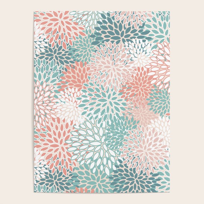 Modern Floral Prints, Coral Teal and Green Poster Gallery Image 4