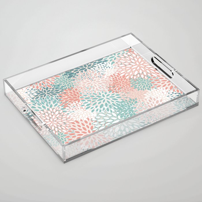 Modern Floral Prints, Coral Teal and Green Acrylic Tray Gallery Image 1