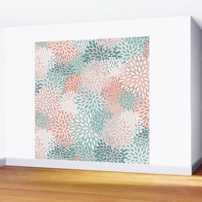 Modern Floral Prints, Coral Teal and Green Wall Mural Gallery Image 2