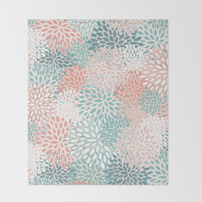 Modern Floral Prints, Coral Teal and Green Throw Blanket Gallery Image 2