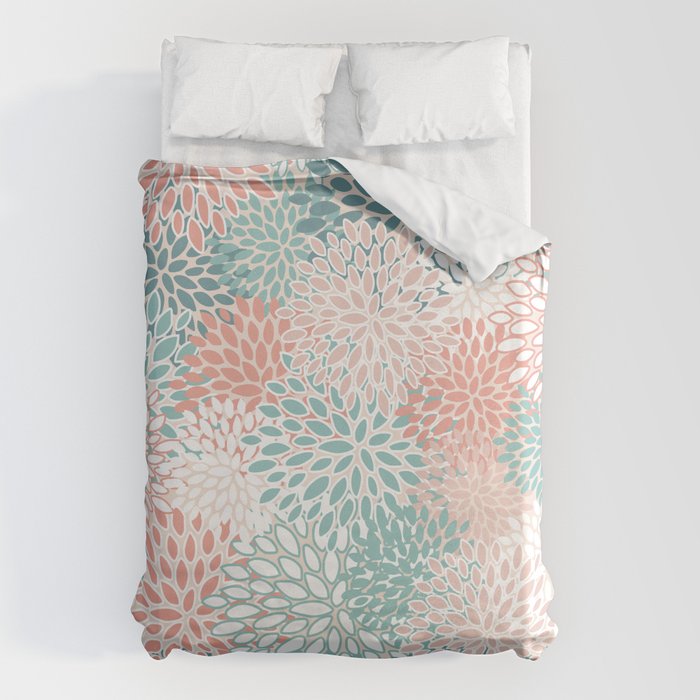 Modern Floral Prints, Coral Teal and Green Duvet Cover Gallery Image 1