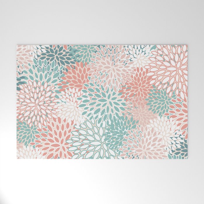 Modern Floral Prints, Coral Teal and Green Welcome Mat Gallery Image 1