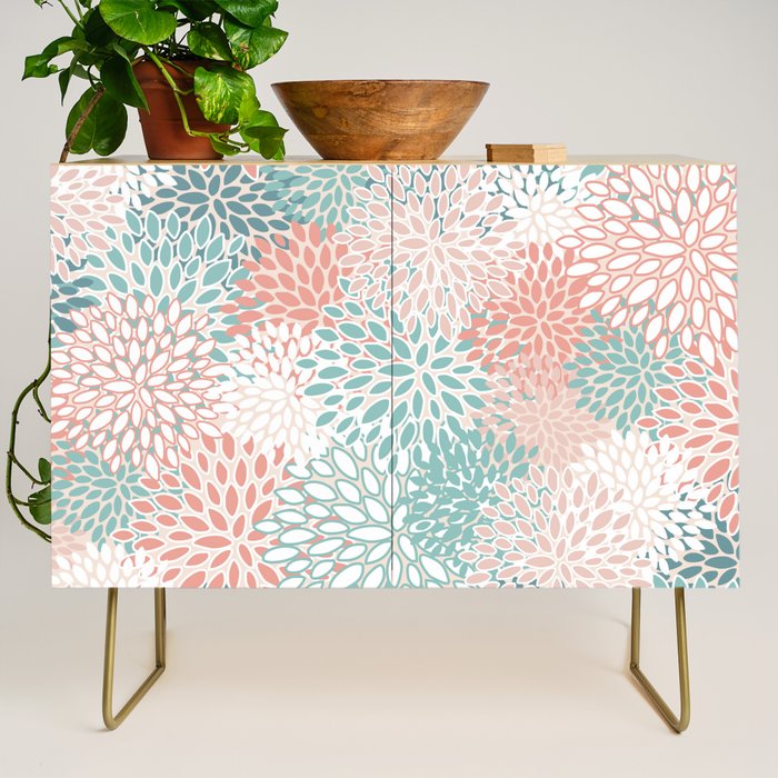 Modern Floral Prints, Coral Teal and Green Credenza Gallery Image 1