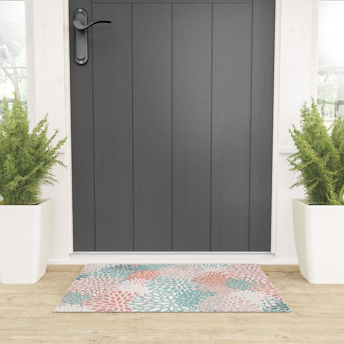 Modern Floral Prints, Coral Teal and Green Welcome Mat Gallery Image 3