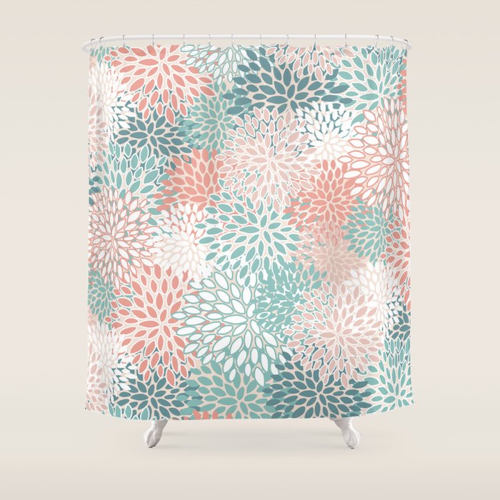 Modern Floral Prints, Coral Teal and Green Shower Curtain Gallery Image 1