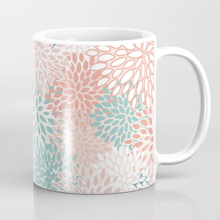 Modern Floral Prints, Coral Teal and Green Coffee Mug Gallery Image 1