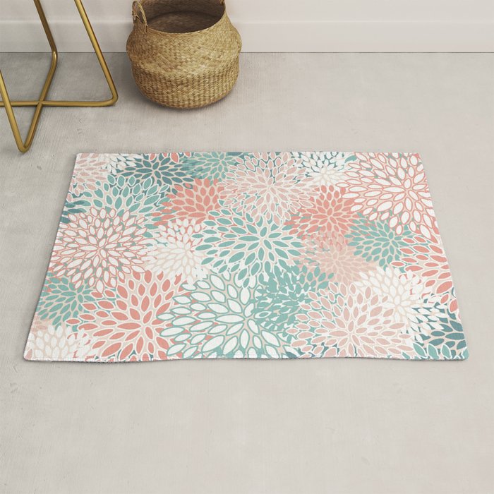 Modern Floral Prints, Coral Teal and Green Rug Gallery Image 1