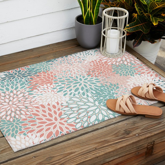 Modern Floral Prints, Coral Teal and Green Outdoor Rug Gallery Image 2